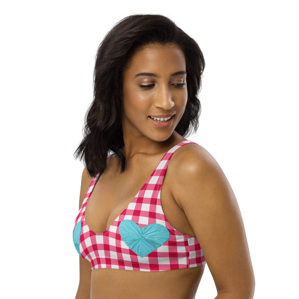 Gingham Pique-Nique Red Eco Bikini Top with Aqua Hearts