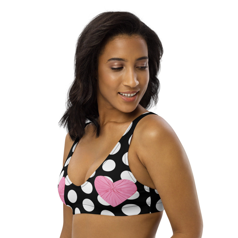 Les Polka Dots Black Eco Bikini Top with Pink Hearts