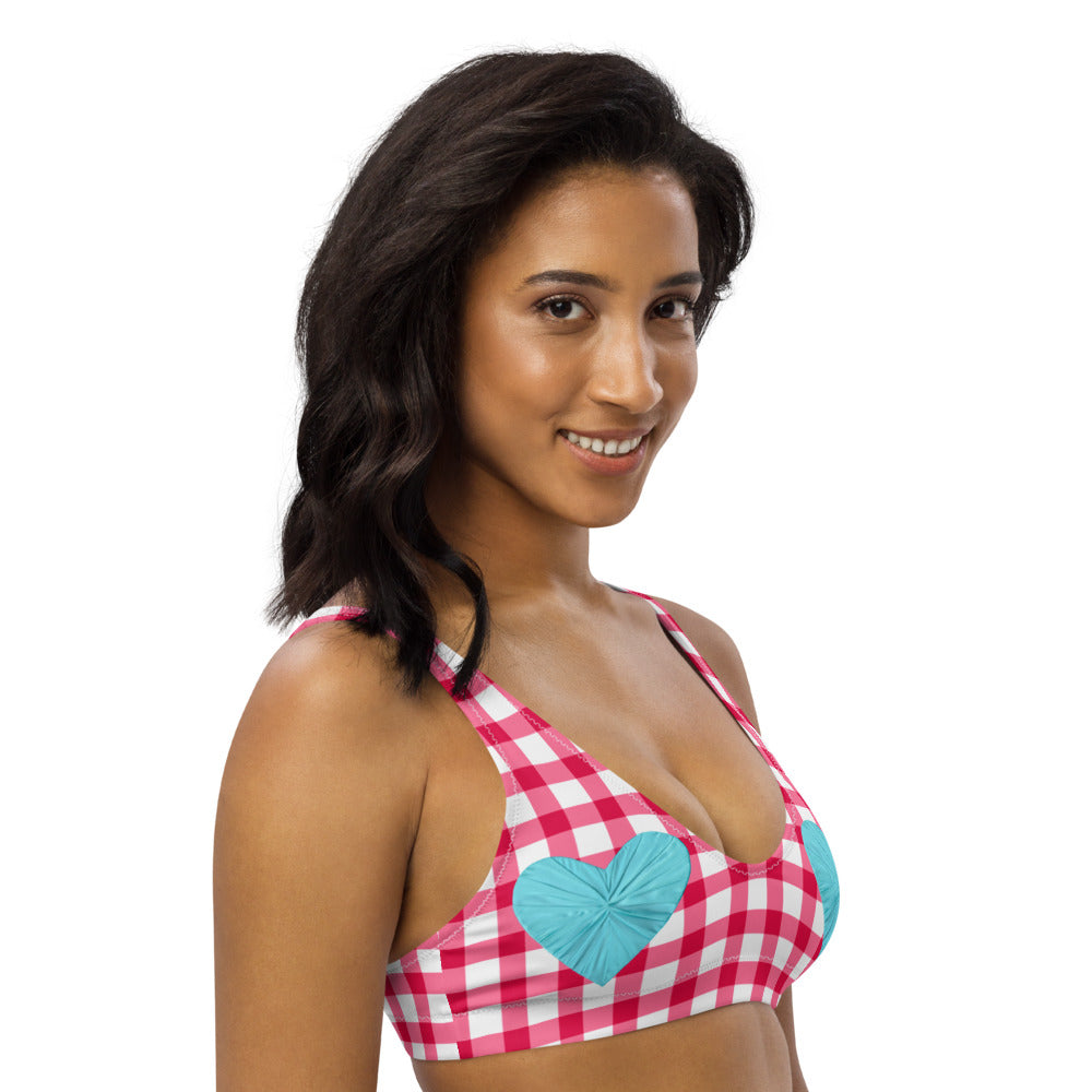 Gingham Pique-Nique Red Eco Bikini Top with Aqua Hearts