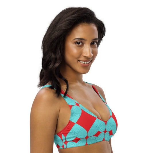 Harlequin Hearts Aqua and Red  Eco Bikini Top