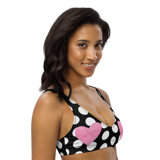 Les Polka Dots Black Eco Bikini Top with Pink Hearts