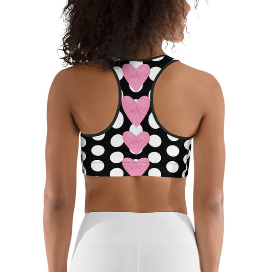 Les Polka Dots Sports Bralette In Black & White With Pink Satin Heart Print