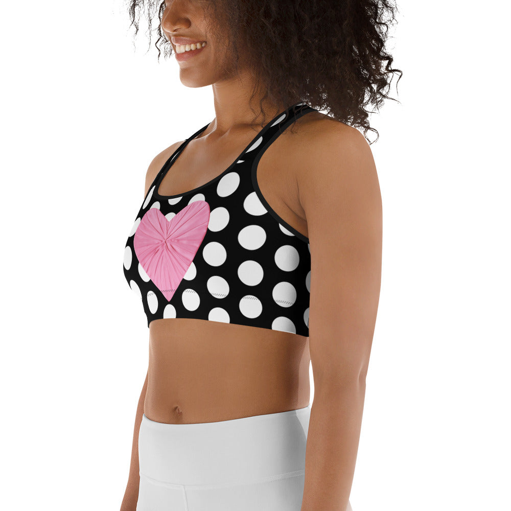 Les Polka Dots Sports Bralette In Black & White With Pink Satin Heart Print