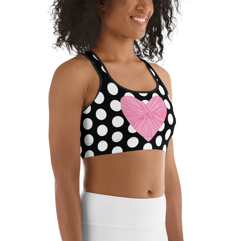 Les Polka Dots Sports Bralette In Black & White With Pink Satin Heart Print