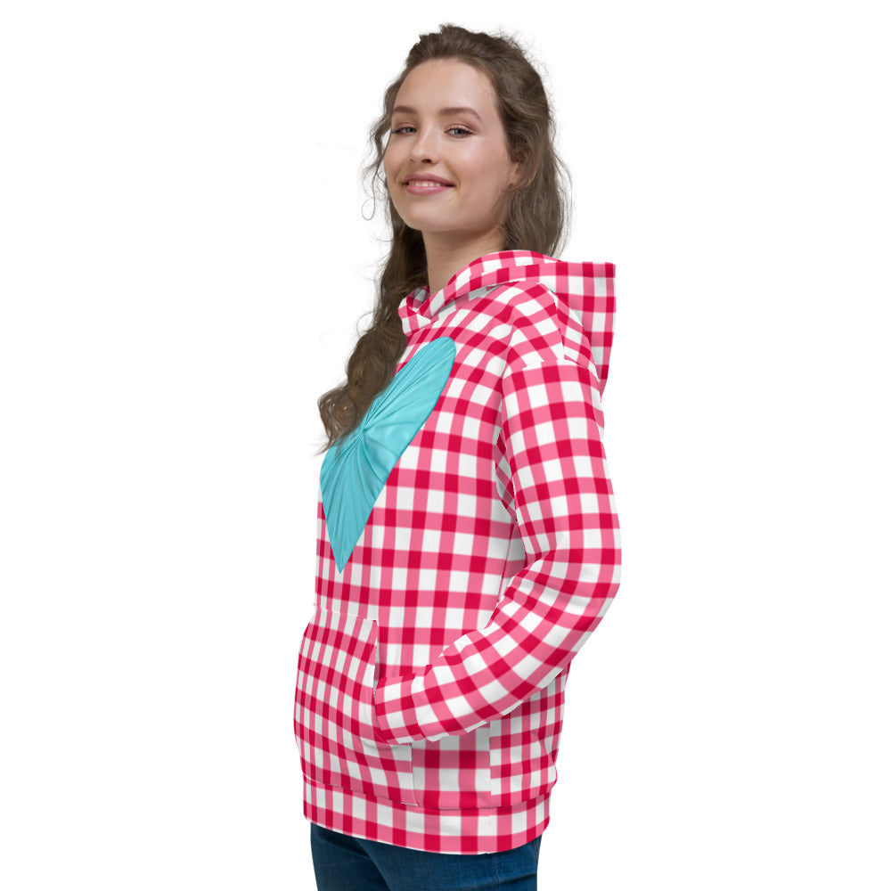 Gingham Pique-Nique Red Hooded Top With Aqua Heart