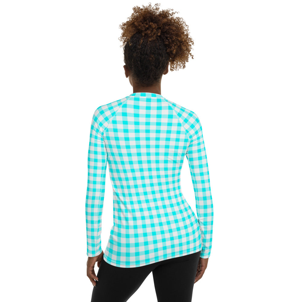 Gingham Bardot Aqua Long Sleeve Top/Rash Guard