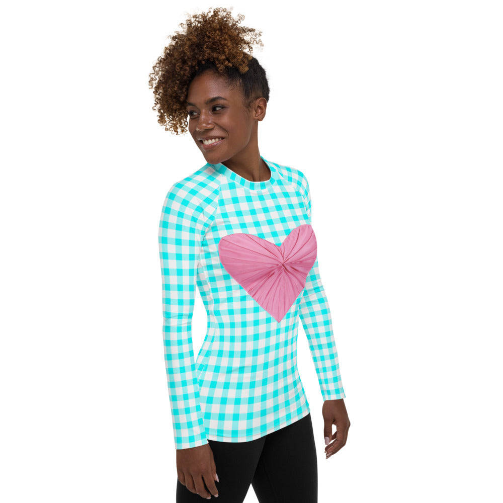 Gingham Bardot Aqua Long Sleeve Top/Rash Guard