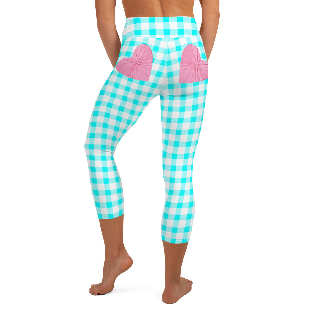 Gingham Bardot Aqua High-Waisted Yoga Capri Leggings With Pink Hearts