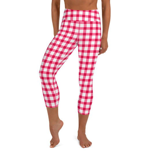Gingham Pique-Nique High-Waisted  Capri Leggings in Red with Aqua Hearts