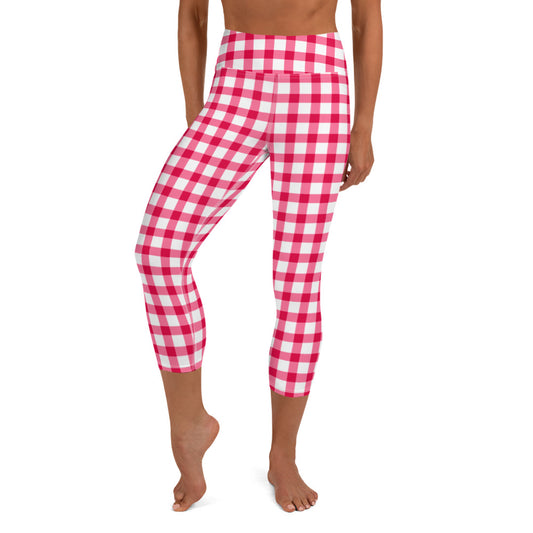 Gingham Pique-Nique High-Waisted Capri Leggings in Red with Aqua Hearts