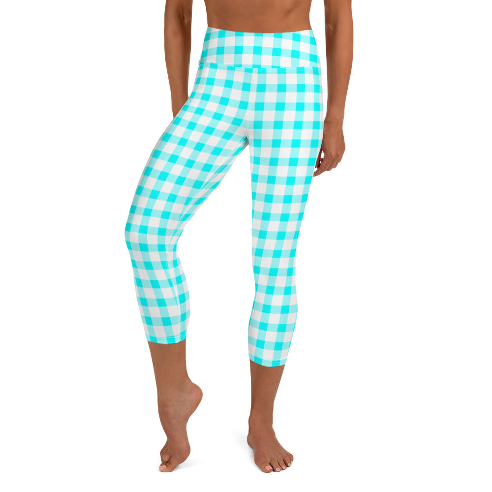 Gingham Bardot Aqua High-Waisted Yoga Capri Leggings With Pink Hearts