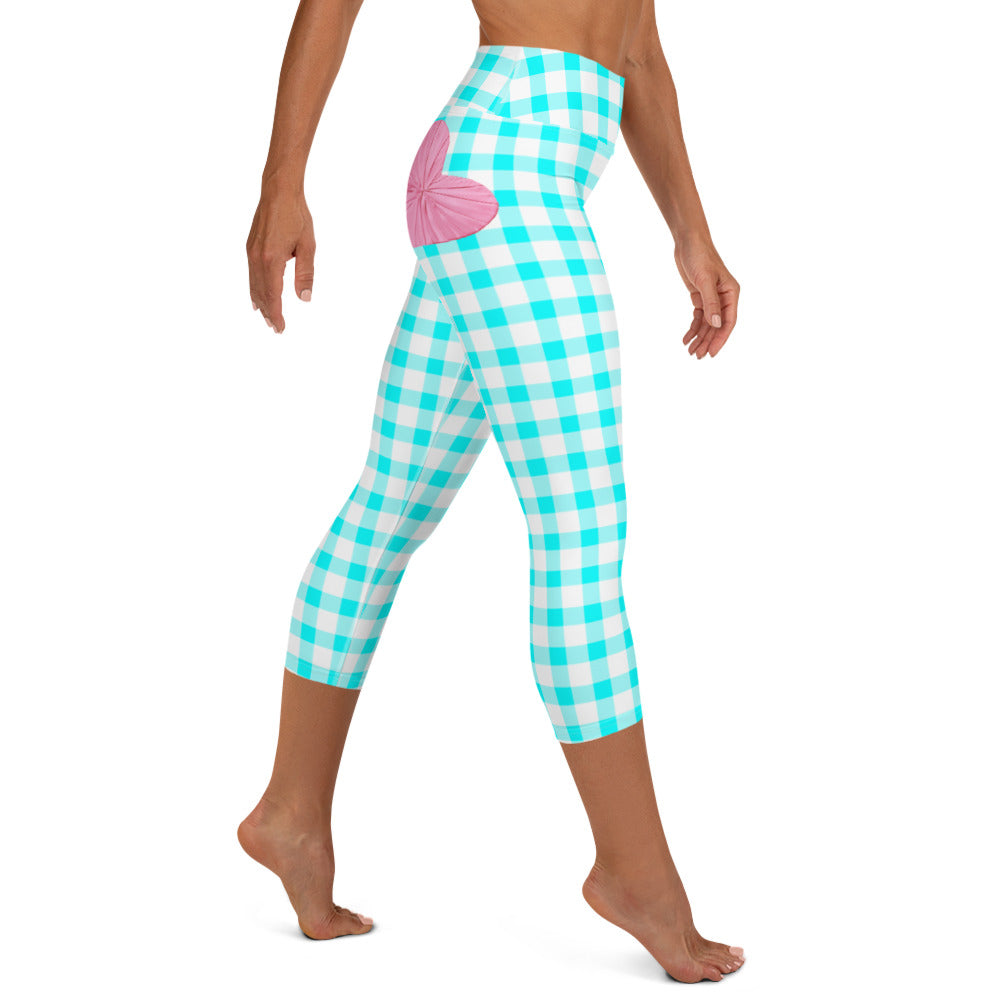 Gingham Bardot Aqua High-Waisted Yoga Capri Leggings With Pink Hearts