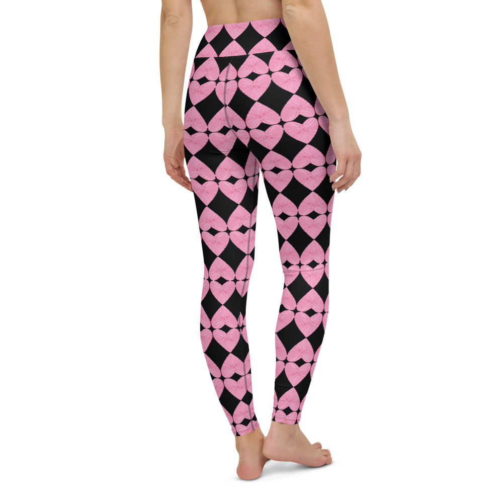 Harlequin Hearts Pink and Black High-Waisted Yoga Leggings
