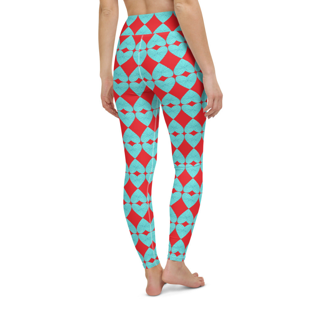 Harlequin Hearts Aqua and Red High-Waisted Yoga Leggings