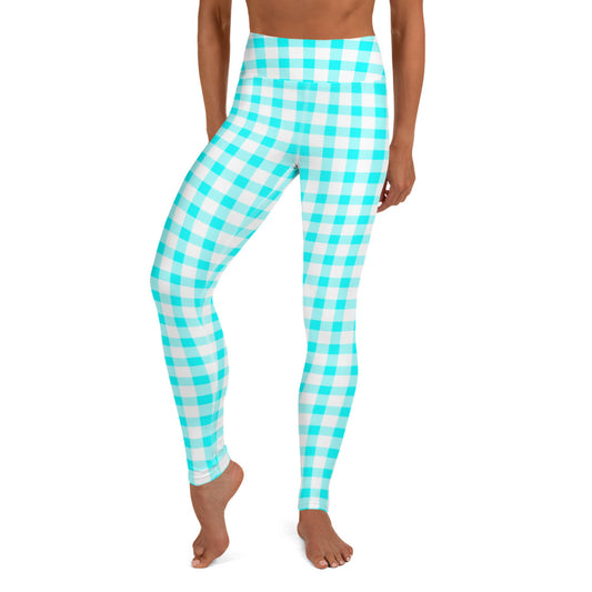 Gingham Bardot High Waisted Yoga Leggings in Aqua and White with Pink Hearts