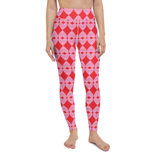 Harlequin Hearts Pink and Red High-Waisted Yoga Leggings