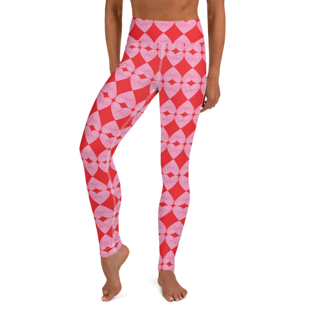 Harlequin Hearts Pink and Red High-Waisted Yoga Leggings