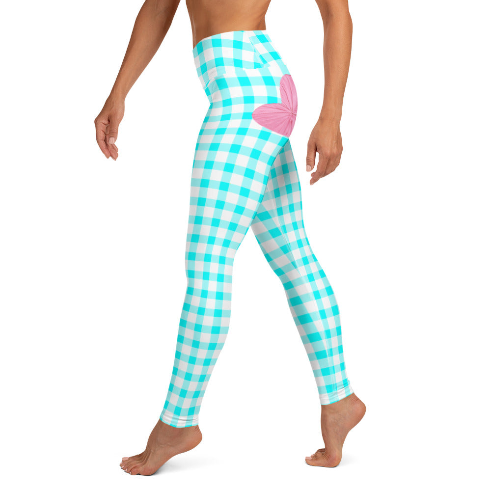 Gingham Bardot High Waisted Yoga Leggings in Aqua and White with Pink Hearts