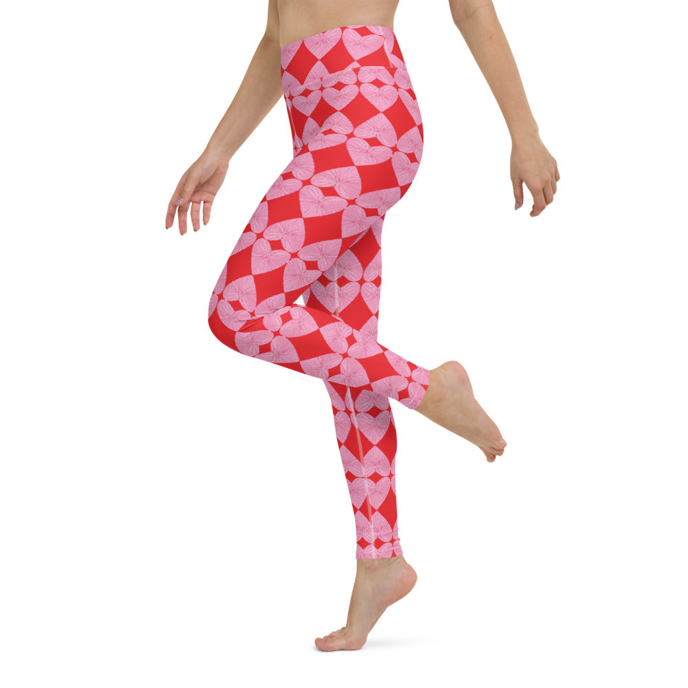 Harlequin Hearts Pink and Red High-Waisted Yoga Leggings