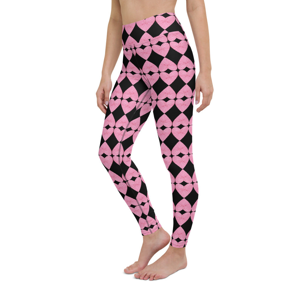 Harlequin Hearts Pink and Black High-Waisted Yoga Leggings