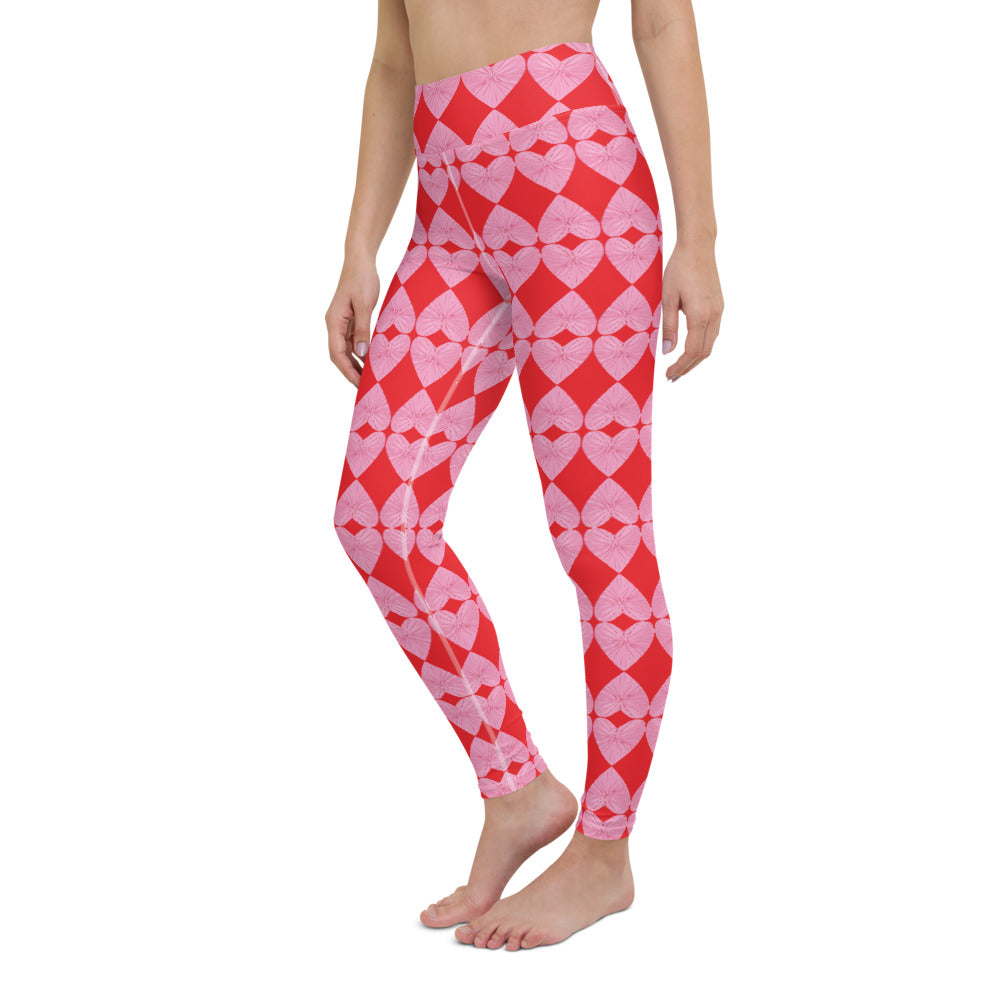 Harlequin Hearts Pink and Red High-Waisted Yoga Leggings
