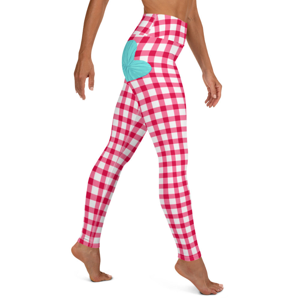 Gingham Pique-Nique High Waisted Yoga Leggings in Red and White with Aqua Hearts