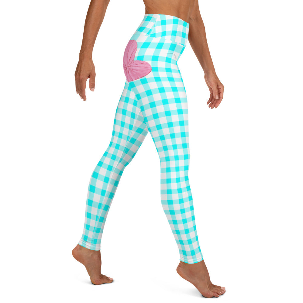 Gingham Bardot High Waisted Yoga Leggings in Aqua and White with Pink Hearts