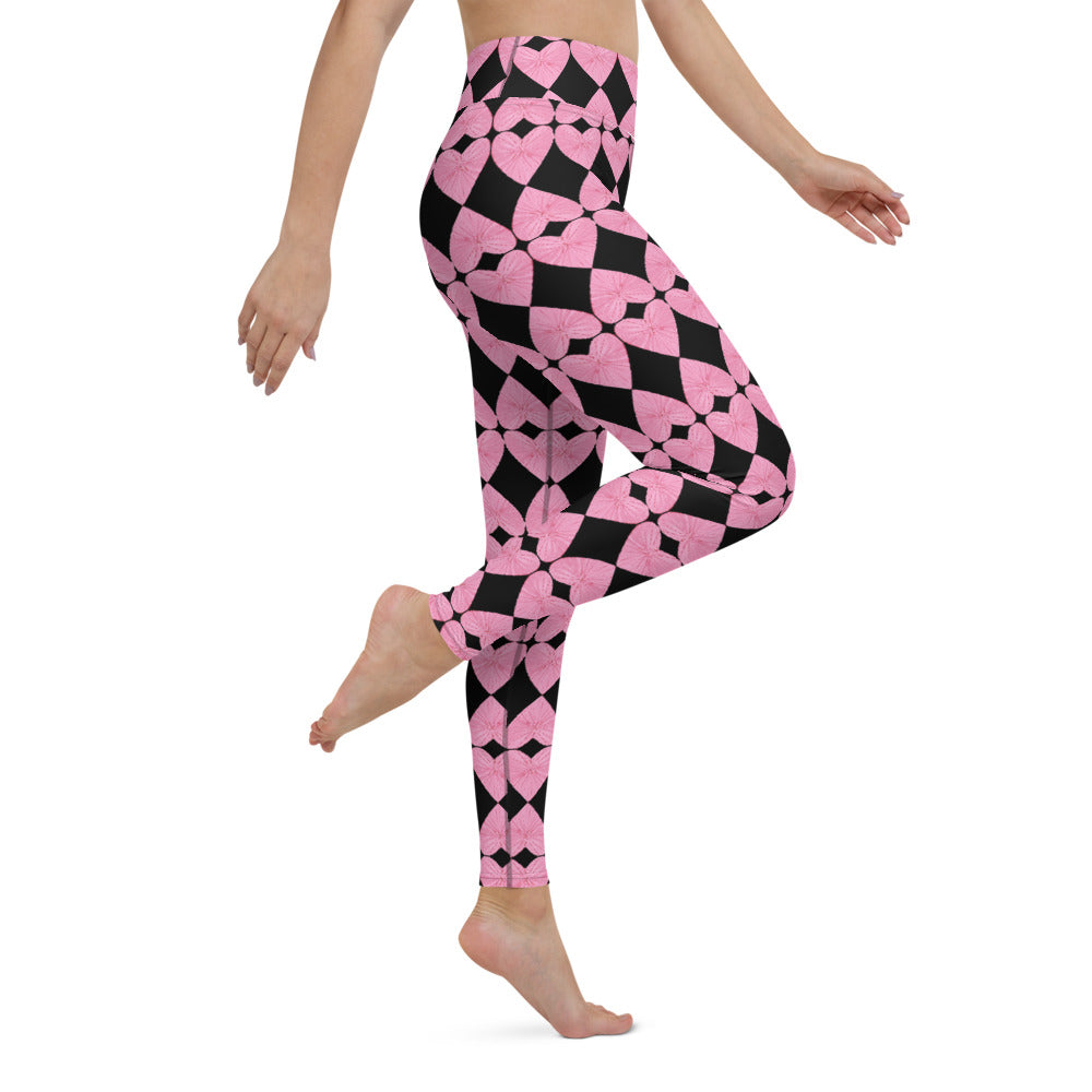 Harlequin Hearts Pink and Black High-Waisted Yoga Leggings