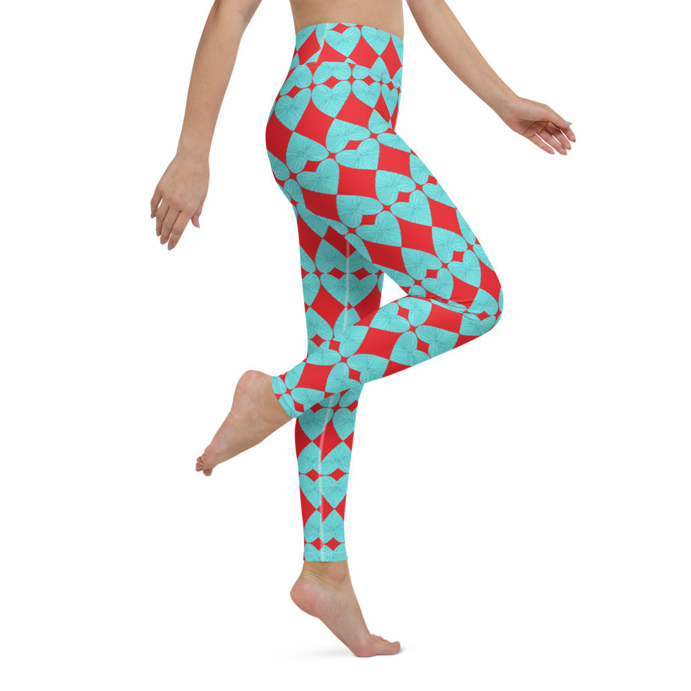 Harlequin Hearts Aqua and Red High-Waisted Yoga Leggings