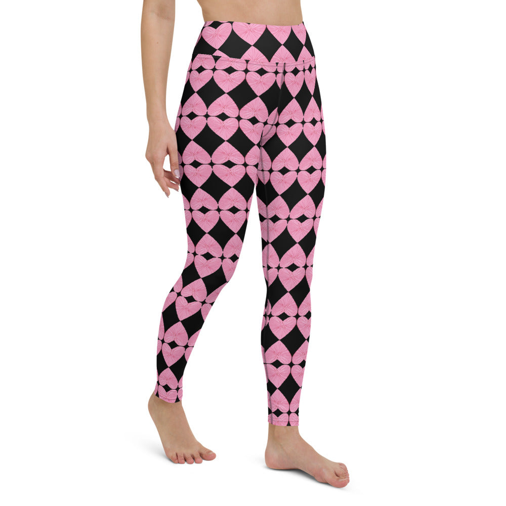 Harlequin Hearts Pink and Black High-Waisted Yoga Leggings