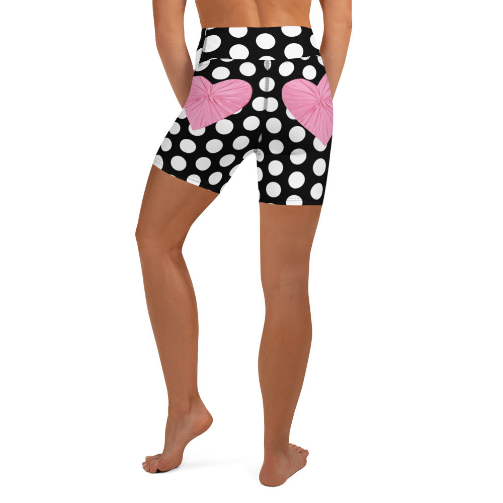 Les Polka Dots High Waisted Yoga Black Shorts with Pink Hearts