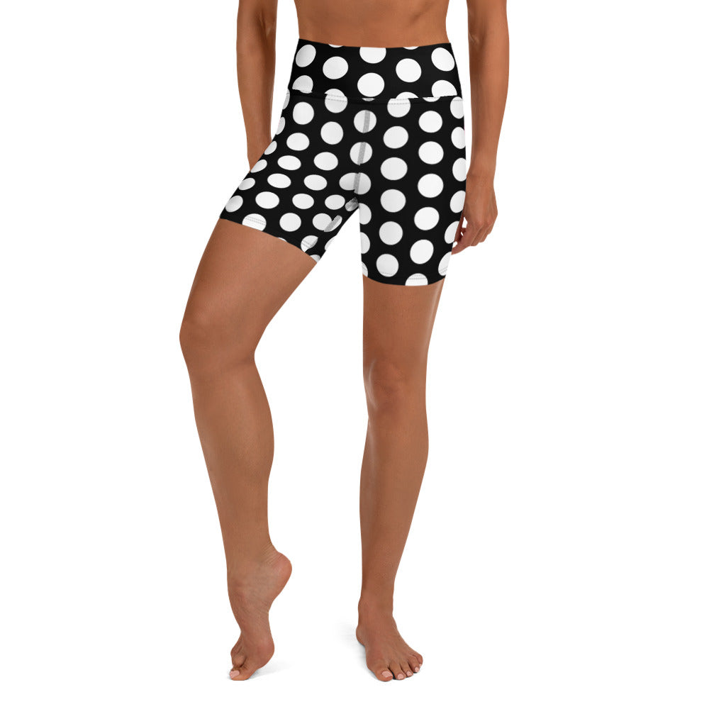 Les Polka Dots High Waisted Yoga Black Shorts with Pink Hearts