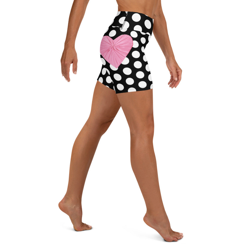 Les Polka Dots High Waisted Yoga Black Shorts with Pink Hearts