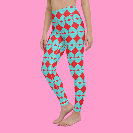 Harlequin Hearts Aqua and Red High-Waisted Yoga Leggings