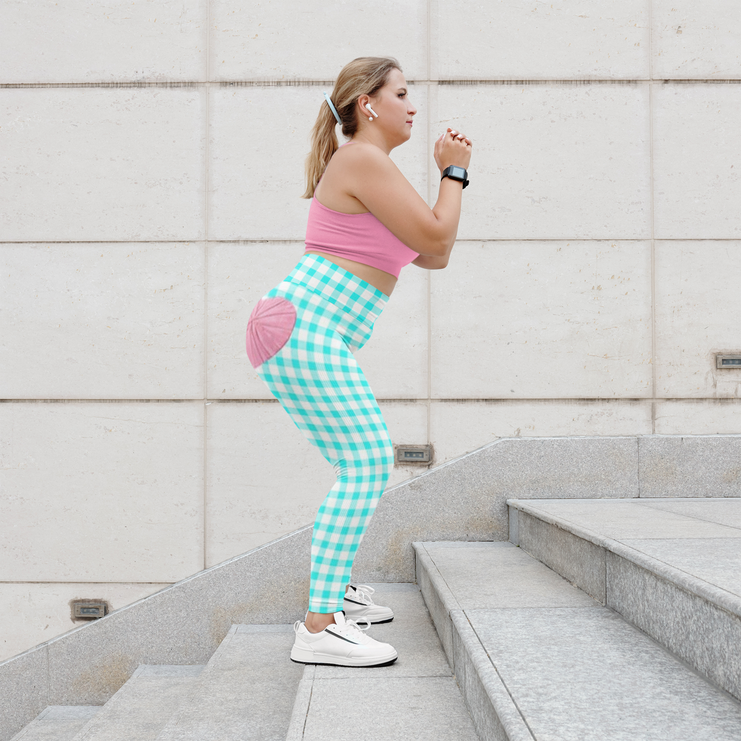 Gingham Bardot Curve High Waisted  Leggings in Aqua and White with Pink Hearts