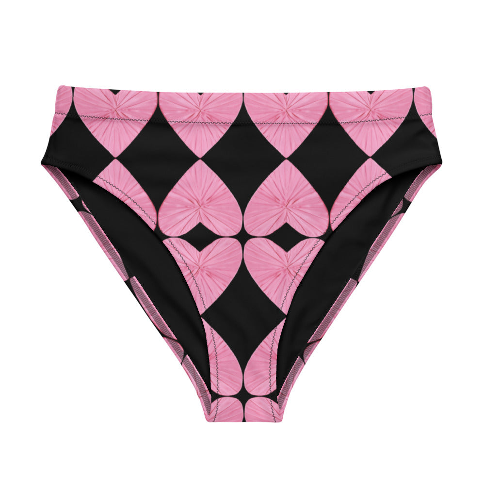 Harlequin Hearts Pink and Black High Waisted Eco Bikini Bottom