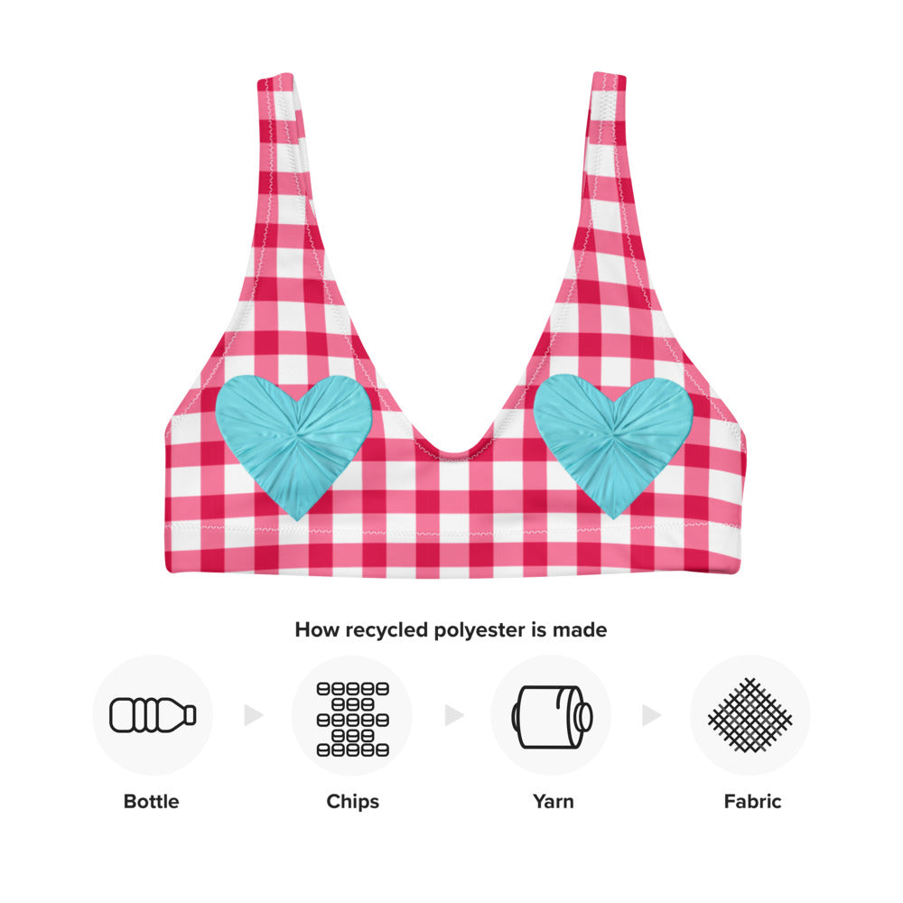 Gingham Pique-Nique Red Eco Bikini Top with Aqua Hearts