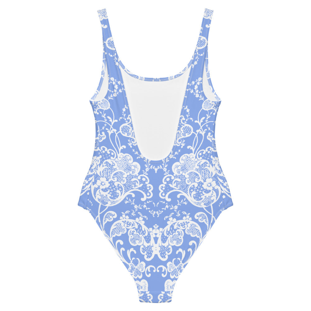 Antique Tulip Lace Print One-Piece Swimsuit in Porcelain Blue