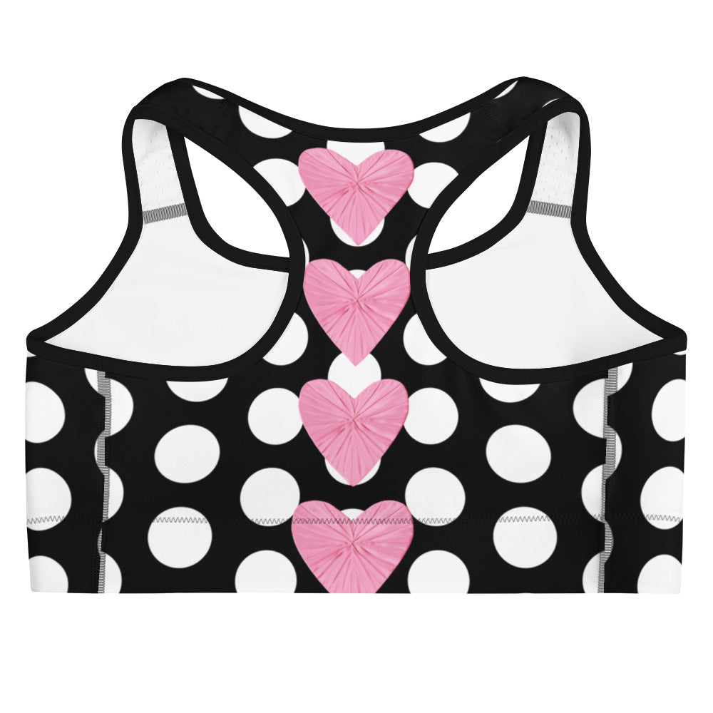Les Polka Dots Sports Bralette In Black & White With Pink Satin Heart Print