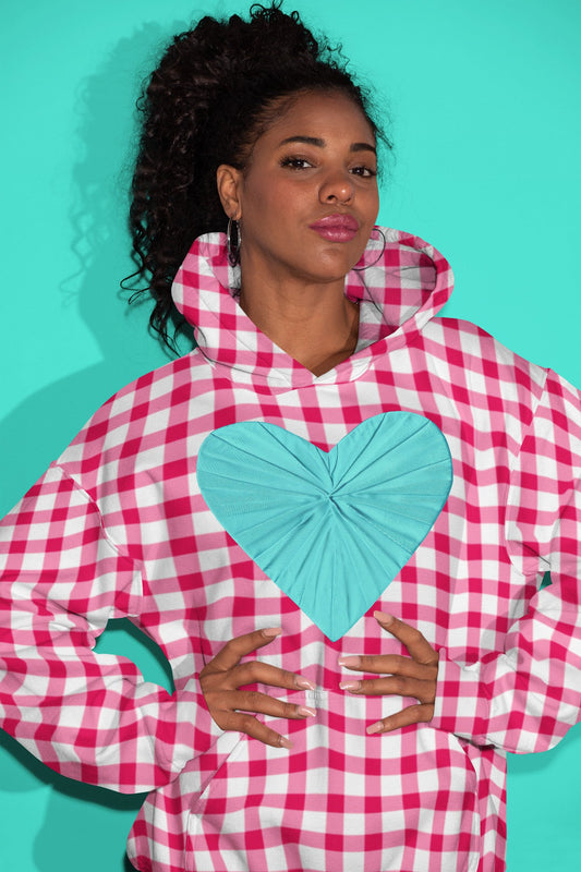 Gingham Pique-Nique Red Hooded Top With Aqua Heart