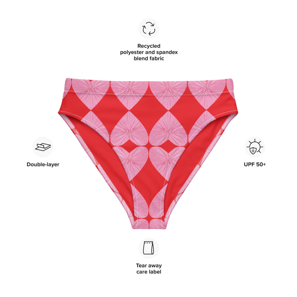 Harlequin Hearts Pink and Red High Waisted Eco Bikini Bottom