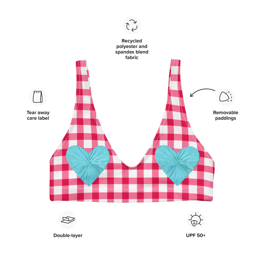 Gingham Pique-Nique Red Eco Bikini Top with Aqua Hearts