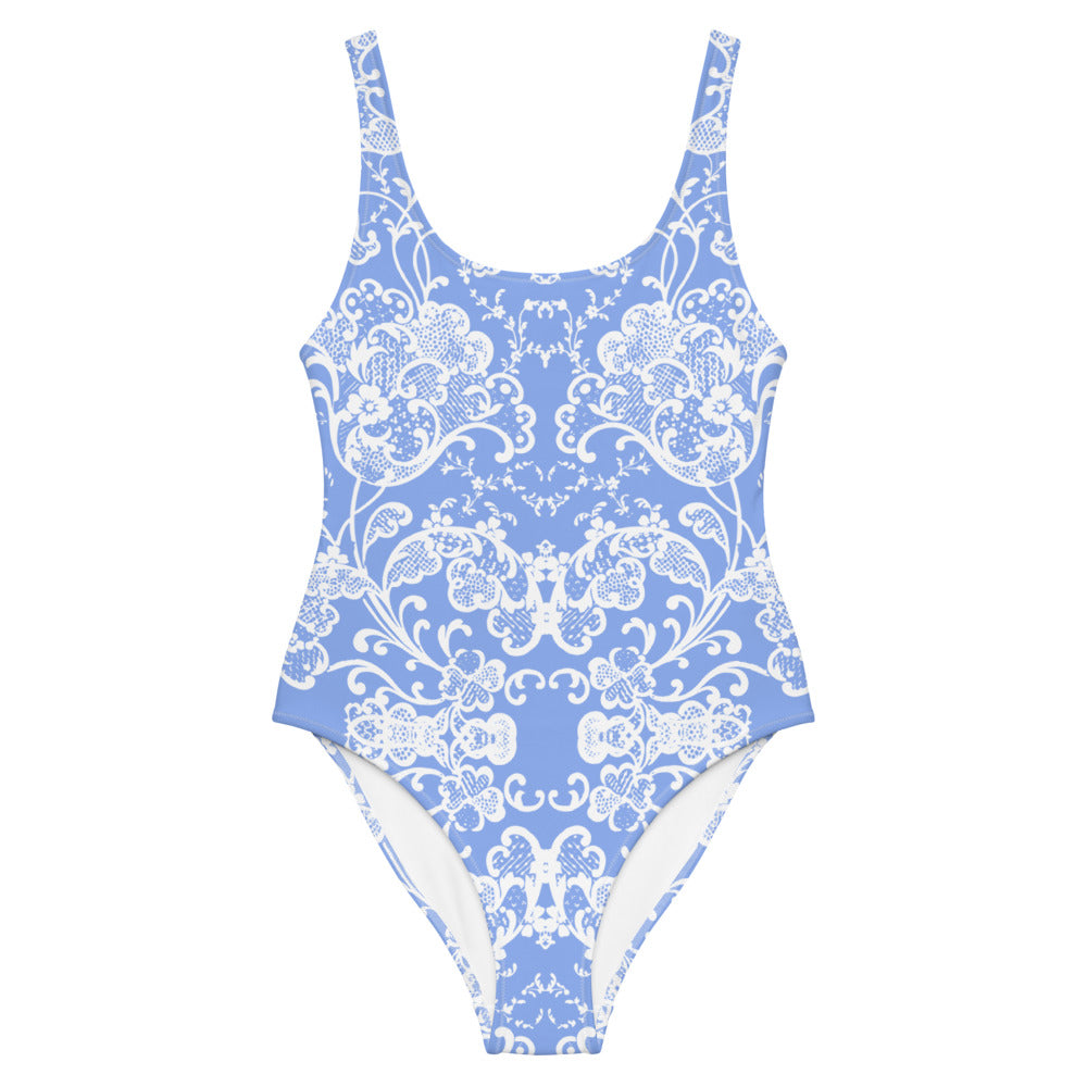 Antique Tulip Lace Print One-Piece Swimsuit in Porcelain Blue