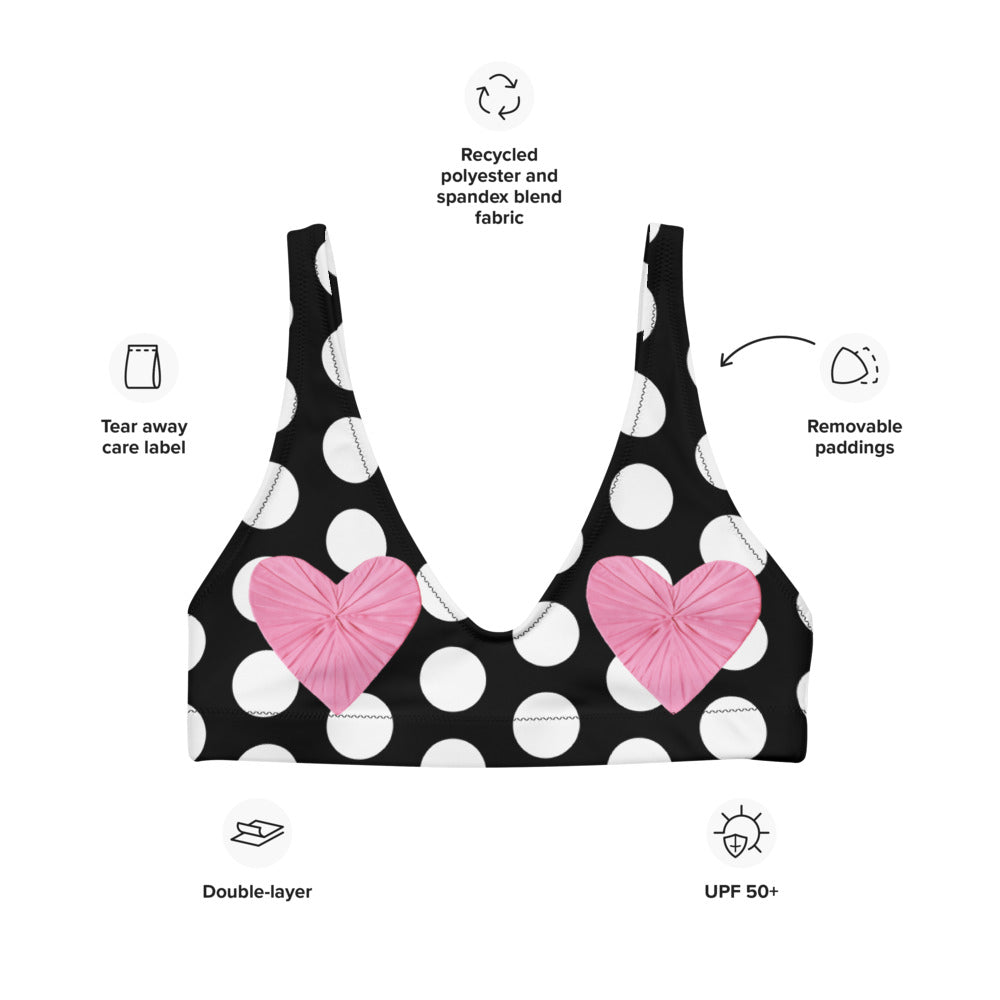 Les Polka Dots Black Eco Bikini Top with Pink Hearts