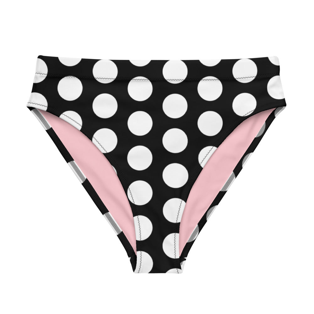 Les Polka Dots Black High Waisted Eco Bikini Bottom with Pink Heart