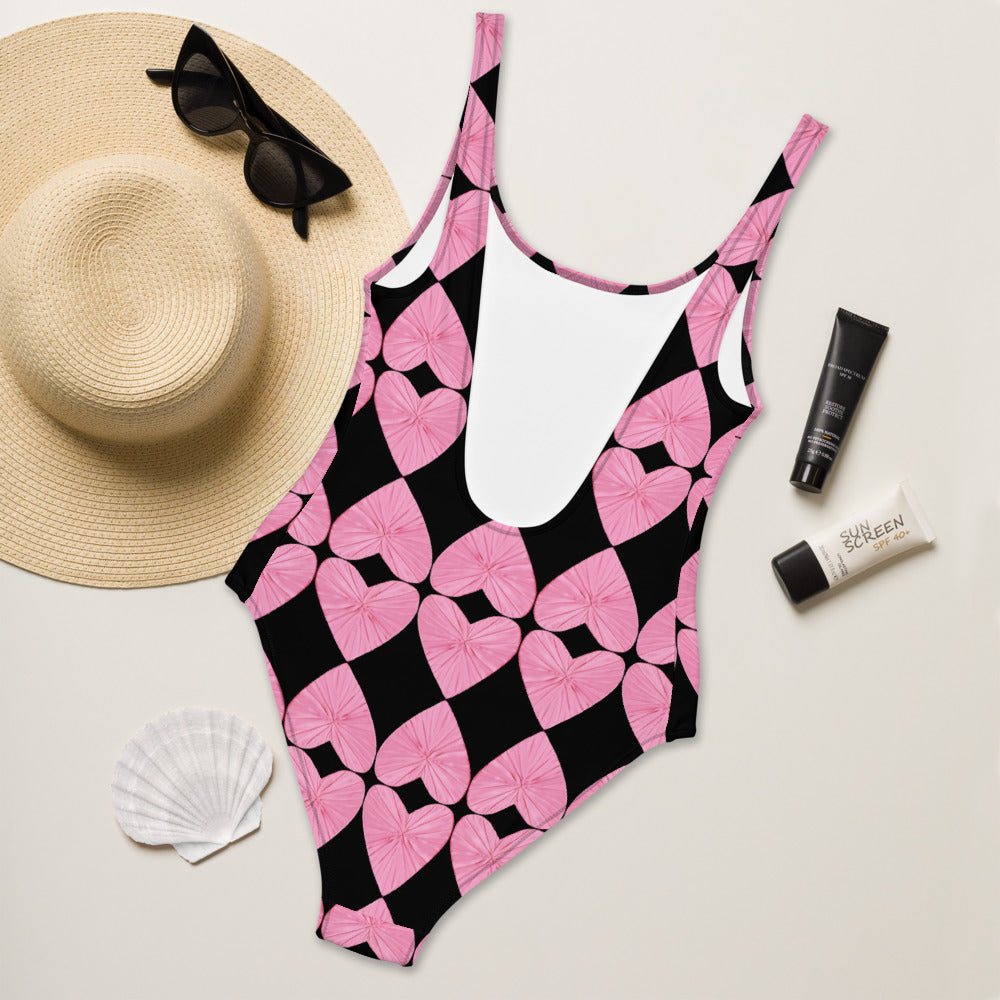 Harlequin Hearts Pink and Black One Piece Swimsuit