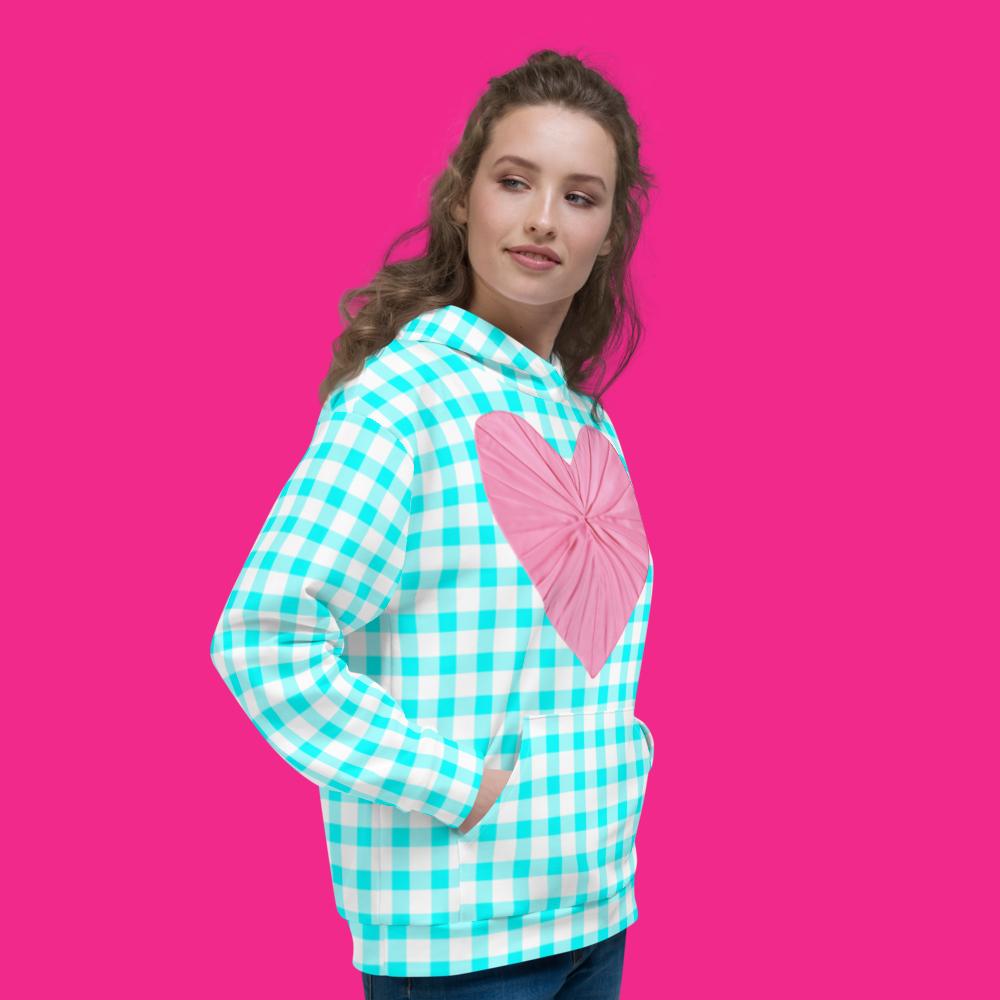 Gingham Bardot Aqua Soft Hooded Top with Pink Heart