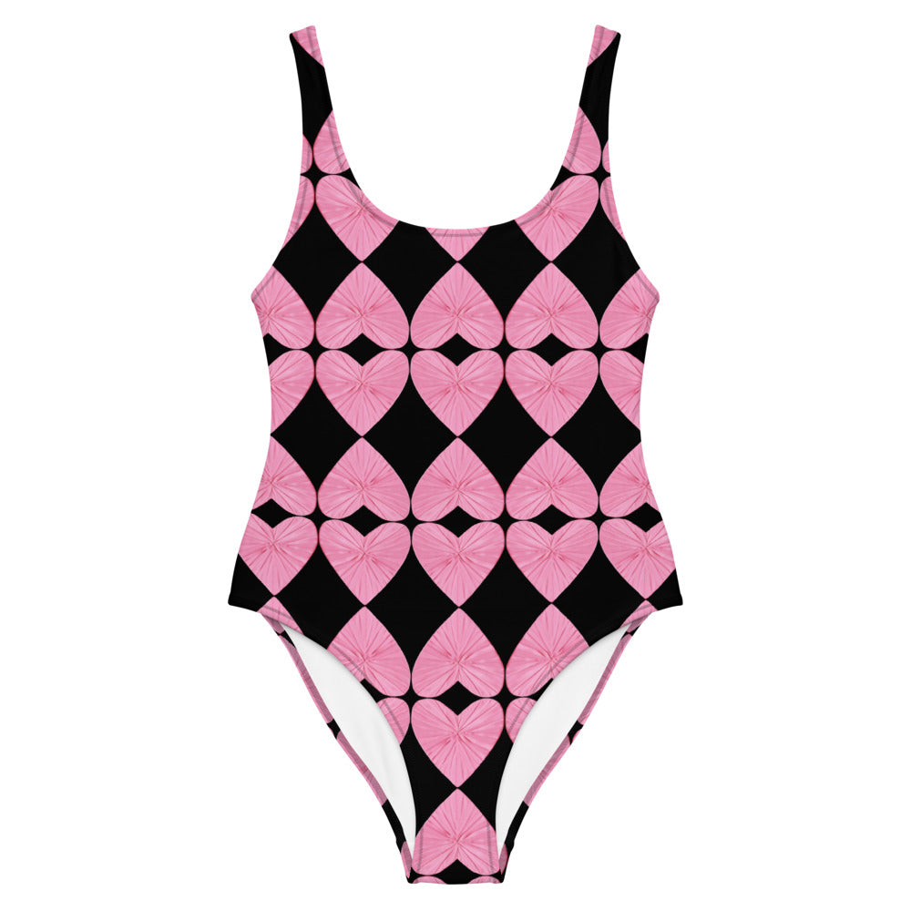 Harlequin Hearts Pink and Black One Piece Swimsuit