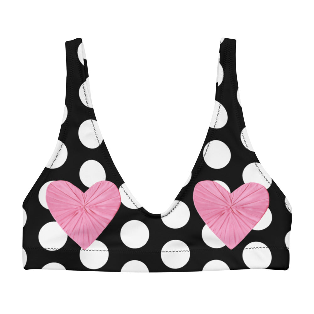 Les Polka Dots Black Eco Bikini Top with Pink Hearts