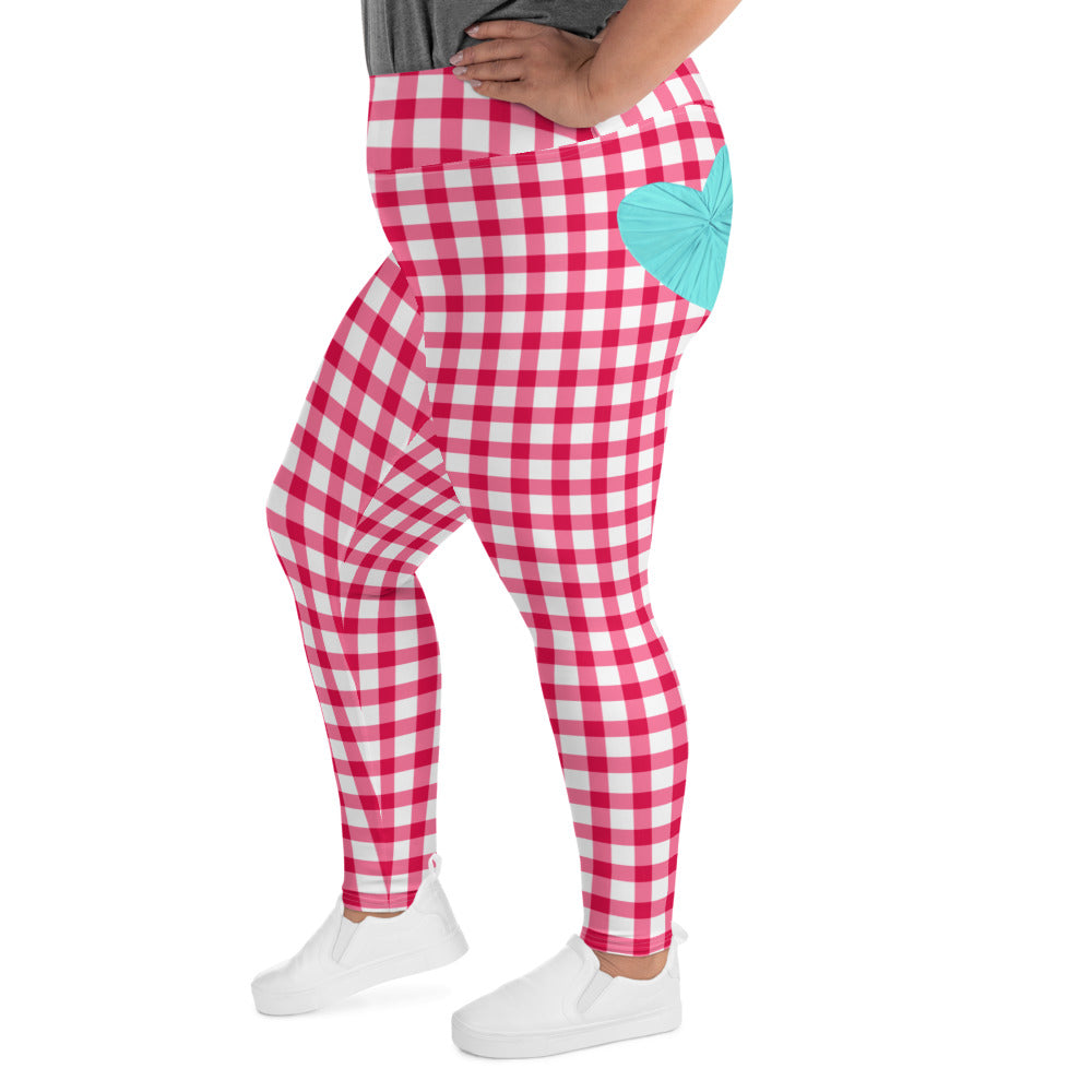 Gingham Pique-Nique Curve High Waisted  Leggings in Red and White with Aqua Hearts